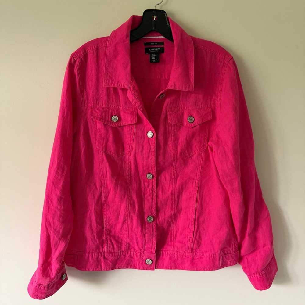 Jones & Co Jones New York Hot Pink 100% Linen‎ Trucker Jacket Womens Med Fuchsia